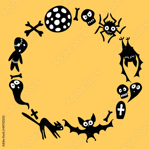 Happy Halloween-round frame of holiday design characters-cat, zombie, skull, spider, bat, ghost. Festive border, title for greeting card, invitation, party poster, banner