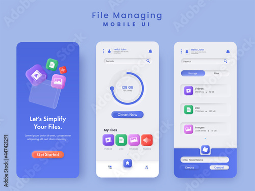 File Managing Mobile Ui Splash Screens Template Layout In Blue And White Color.