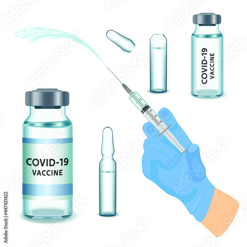 Doctor holds syringe, injectors in his hand to inject vaccine.  Glass ampoules and vials, phials with drug liquid. Medicine and health care realistic vector concept illustration set.