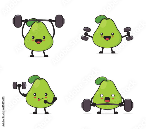 pear cartoon with exercise equipment.
