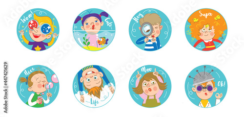 Collection of stickers. Funny cartoon colorful characters. Isolated over white background. Vector illustration.
