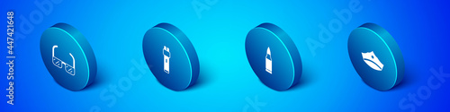 Set Isometric Safety goggle glasses, Bullet, Police cap with cockade and electric shocker icon. Vector