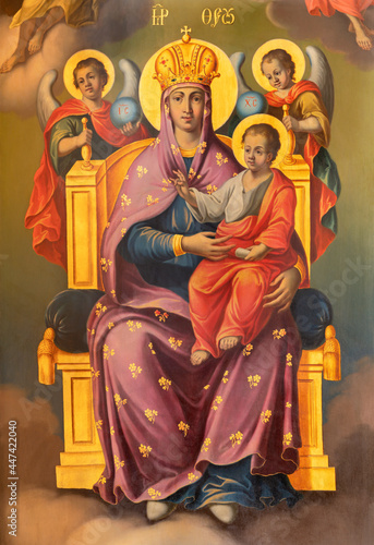 VIENNA, AUSTIRA - JULI 5, 2021: The detail of icon of Mther of God in Barbara...