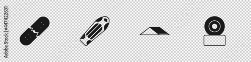 Set Broken skateboard deck, Skateboard, park and wheel icon. Vector
