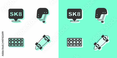 Set Longboard or skateboard, Skateboard, wheel and helmet icon. Vector