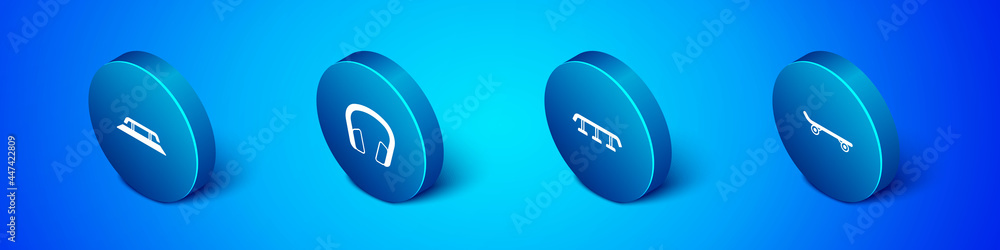 Set Isometric Skateboard stairs with rail, , and Headphones icon. Vector Set Isometric Skateboard stairs with rail, , and Headphones icon. Vector