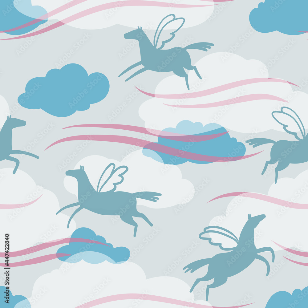 Fototapeta premium Seamless pattern with flying horses in blue and white clouds