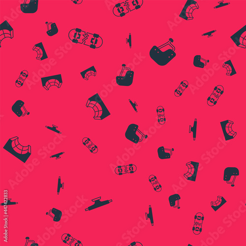 Set Skateboard wheel, Broken skateboard, park and helmet on seamless pattern. Vector