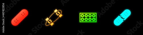 Set Skateboard, Longboard or skateboard, wheel and Broken deck icon. Vector