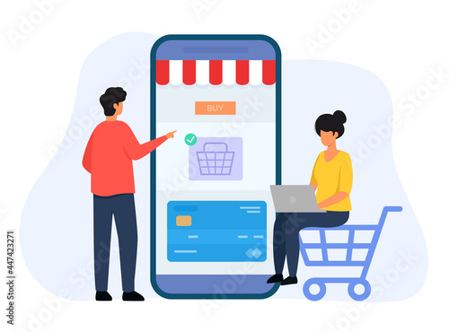 People shop online. Online store with mobile. Man and girl are shopping through smartphone and laptop. Vector illustration. Modern flat style.