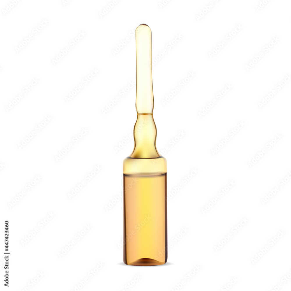 Glass ampule. Medicine vaccine ampoule, drug phial. Serum dose injection container, realistic antibiotic vial. Pharmacology packaging treatment, virus protective antidote Glass ampule. Medicine vaccine ampoule, drug phial. Serum dose injection container, realistic antibiotic vial. Pharmacology packaging treatment, virus protective antidote