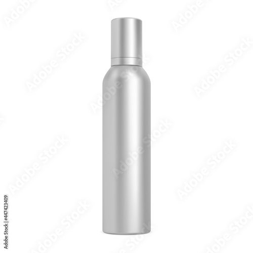 Spray can. Hairspray aerosol bottle, cosmetic mockup blank. Aluminum cylinder tube, silver chrome container. Realistic paint tin design, metalic freshener illustration