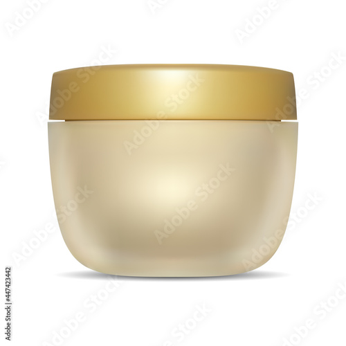 Cosmetic cream jar, gold container mockup, plastic cap. Round scrub butter tube, luxury hair lotion realistic package template illustration. Face cream packaging design