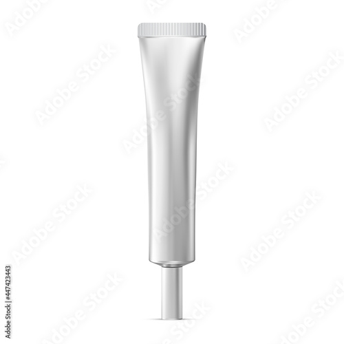Cosmetic cream tube. Silver plastic tube mockup, vector container. Face primer liquid packaging, realistic tall object. Skin moisturizer product template, beauty gel