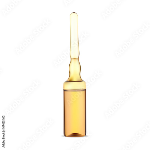 Glass ampule. Medicine vaccine ampoule, drug phial. Serum dose injection container, realistic antibiotic vial. Pharmacology packaging treatment, virus protective antidote