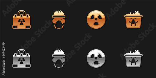 Set Radiation nuclear suitcase, Nuclear reactor worker, Radioactive and Infectious waste icon. Vector