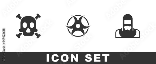 Set Bones and skull warning, Biohazard symbol and Nuclear reactor worker icon. Vector