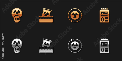 Set Radioactive, waste in barrel, and Dosimeter icon. Vector