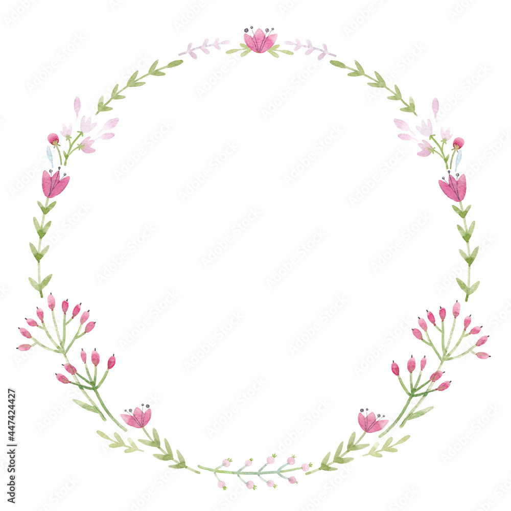 Beautiful floral wreath with cute watercolor hand drawn abstract wild flowers and bird. Stock illustration.