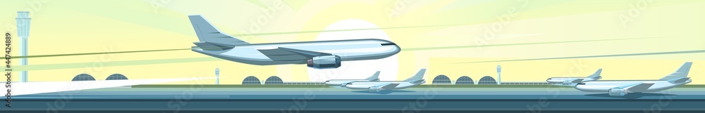The passenger plane takes off. Airport outside. Runway. Towers and hangars. Against the background of the morning sky with a bright sun. The beginning of a tourist trip. Illustration vector The passenger plane takes off. Airport outside. Runway. Towers and hangars. Against the background of the morning sky with a bright sun. The beginning of a tourist trip. Illustration vector