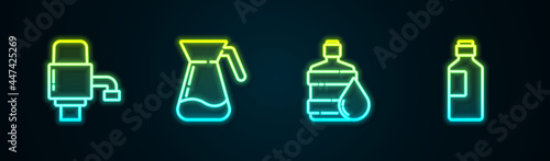 Set line Mechanical pump for water, Jug glass with, Big bottle clean and Bottle of. Glowing neon icon. Vector