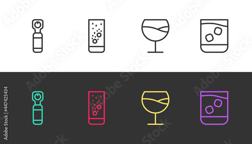 Set line Bottle opener, Effervescent tablets in water, Wine glass and Glass of whiskey on black and white. Vector