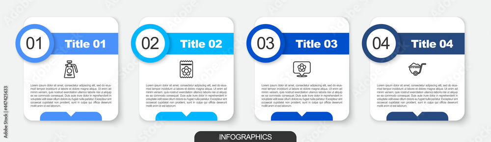 Set line Garden sprayer for fertilizer, Pack full of seeds of plant, Location with flower and Wheelbarrow dirt. Business infographic template. Vector Set line Garden sprayer for fertilizer, Pack full of seeds of plant, Location with flower and Wheelbarrow dirt. Business infographic template. Vector