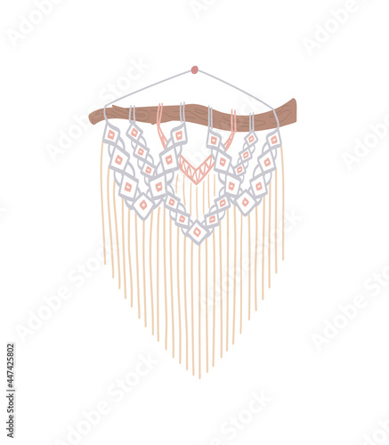 Diy stylish interior decor, handmade craft knots. Macrame with fringe. Bohemian style, .panel of cord, wall hanging. Isolated on white background. Vector illustration