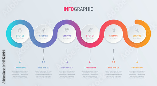 Timeline infographic design vector. 6 options, circle workflow layout. Vector infographic timeline template.  © Vermicule design