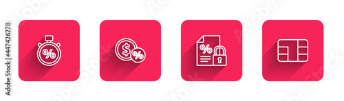 Set line Stopwatch and percent, Money coin with, Finance document lock and Credit card chip with long shadow. Red square button. Vector