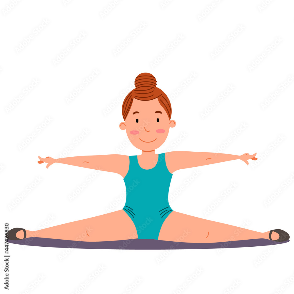 Childrenes sports gymnastics. Stretching exercise, cross splits. The girl is engaged in acrobatics. Vector illustration in a flat style on a white isolated background.