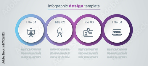 Set line Chalkboard with diagram, Office chair, Identification badge and Laptop text work. Business infographic template. Vector