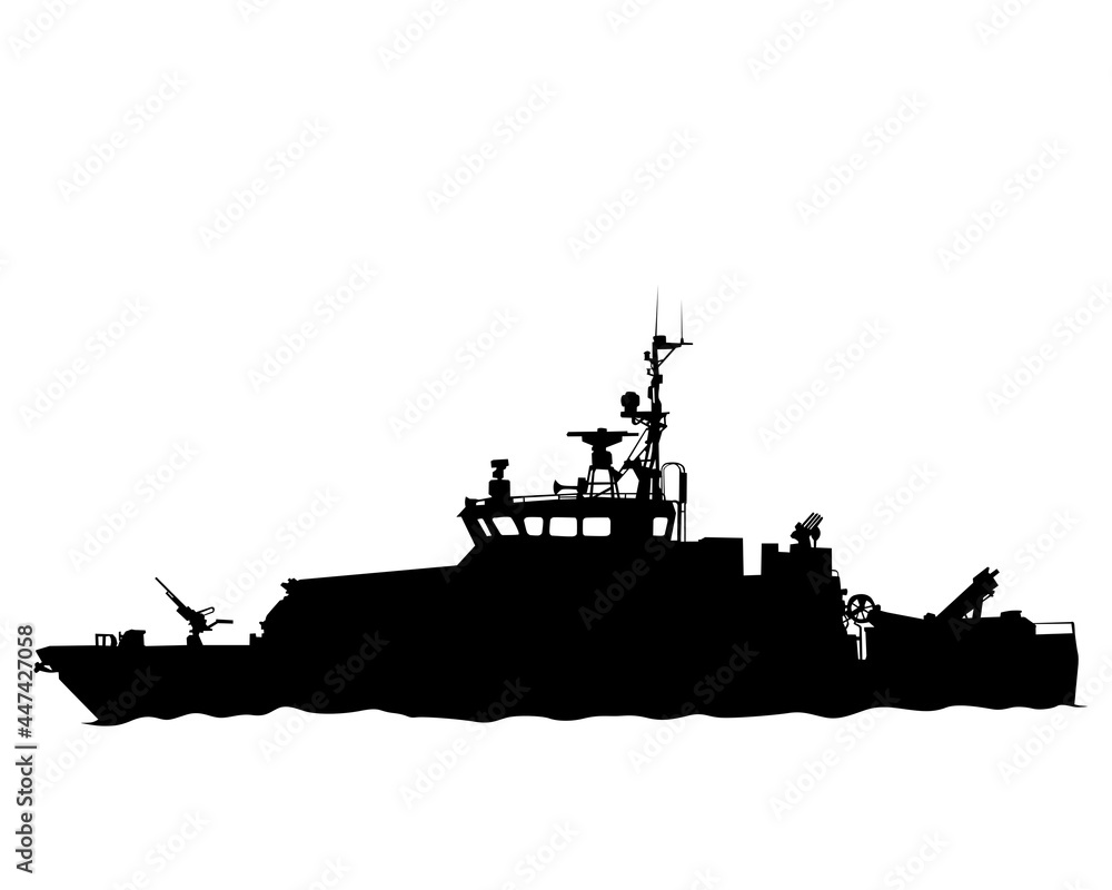 Large warship is sailing on the sea. Isolated silhouette on white background Large warship is sailing on the sea. Isolated silhouette on white background