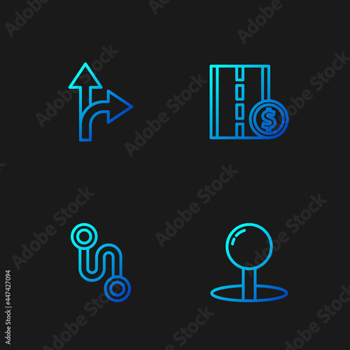 Set line Push pin, Route location, Road traffic sign and Toll road. Gradient color icons. Vector