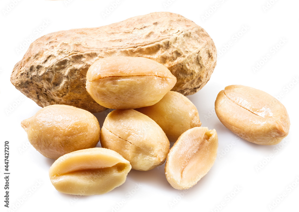 Fototapeta premium Peeled peanuts and peanut pod isolated on white background.