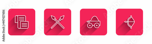 Set line Decree, parchment, scroll, Crossed medieval spears, Wooden four-wheel cart and Medieval bow and arrow with long shadow. Red square button. Vector