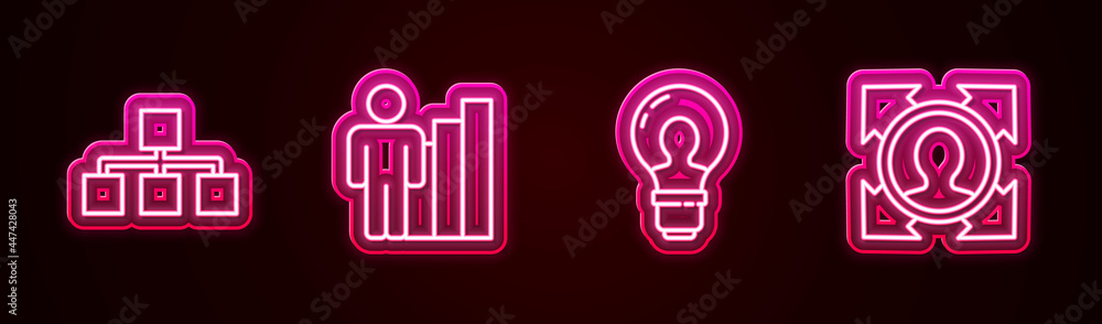Set line Hierarchy organogram chart, Productive human, Head with lamp bulb and hunting. Glowing neon icon. Vector Set line Hierarchy organogram chart, Productive human, Head with lamp bulb and hunting. Glowing neon icon. Vector