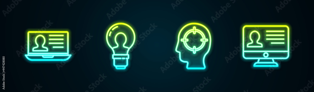 Set line Laptop with resume, Head lamp bulb, hunting and Monitor. Glowing neon icon. Vector Set line Laptop with resume, Head lamp bulb, hunting and Monitor. Glowing neon icon. Vector