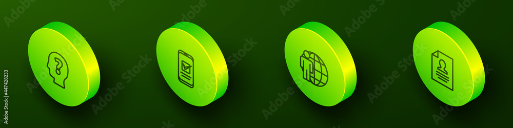 Set Isometric line Head with question mark, Smartphone, hunting and Resume icon. Vector Set Isometric line Head with question mark, Smartphone, hunting and Resume icon. Vector