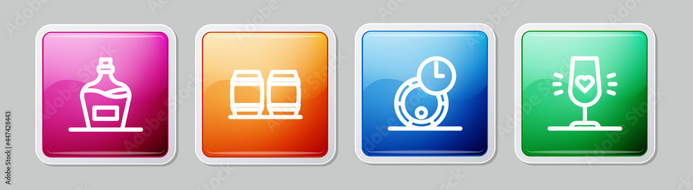 Set line Old bottle of wine, Wooden barrel for, and Wine glass. Colorful square button. Vector Set line Old bottle of wine, Wooden barrel for, and Wine glass. Colorful square button. Vector
