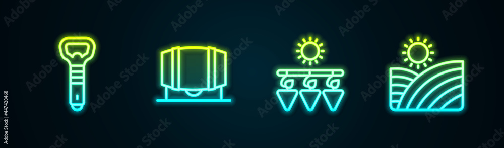 Set line Bottle opener, Wooden barrel for wine, Drying grapes and Vineyard. Glowing neon icon. Vector Set line Bottle opener, Wooden barrel for wine, Drying grapes and Vineyard. Glowing neon icon. Vector