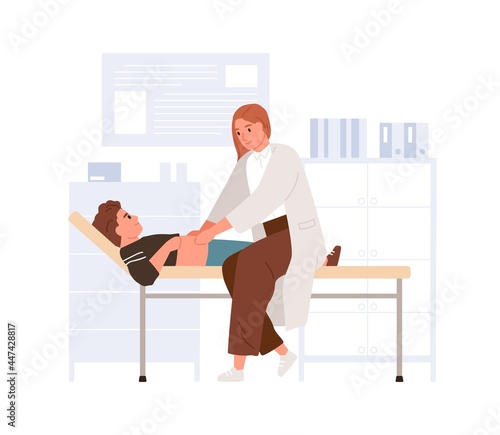 Doctor examining child in pediatric hospital. Pediatrician palpating kid belly. Boy lying on couch at physician's office in modern clinic. Colored flat vector illustration isolated on white background