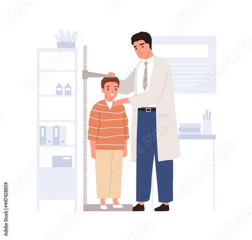Pediatrician measuring kids height with stadiometer in pediatric doctor office. Child visiting physician in hospital. Colored flat vector illustration of boy patient isolated on white background
