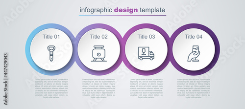 Set line Bottle opener, Fermentation of grapes, Wine truck and tasting, degustation. Business infographic template. Vector