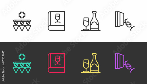 Set line Drying grapes, Book about wine, Wine bottle with glass and tasting, degustation on black and white. Vector