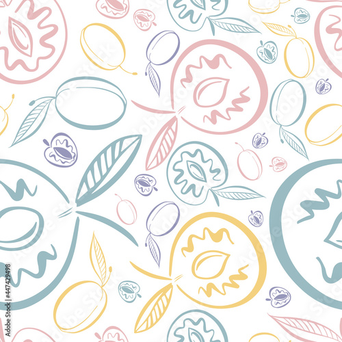 Modern seamless vector colorful pattern abstract silhouettes of summer pit fruits in pastel tones