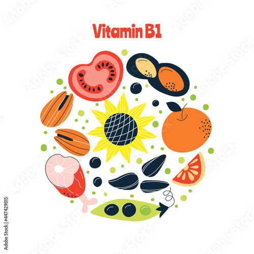 The main food sources of vitamin B1. Healthy food concept.