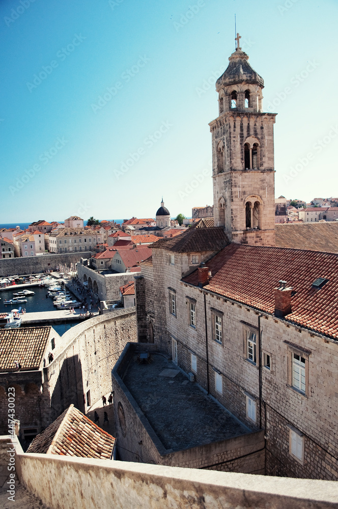 CROATIA, DUBROVNIK: Scenic landscape top view of the city buildings with red roofs 