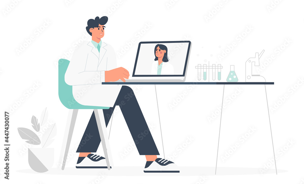 A young man are studying chemistry online on webinar or course. Flat trend vector illustration