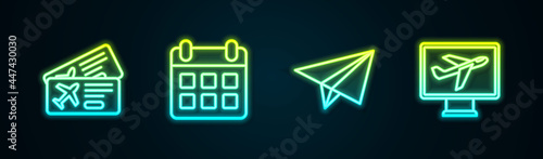 Set line Airline ticket, Calendar and airplane, Paper and Plane. Glowing neon icon. Vector